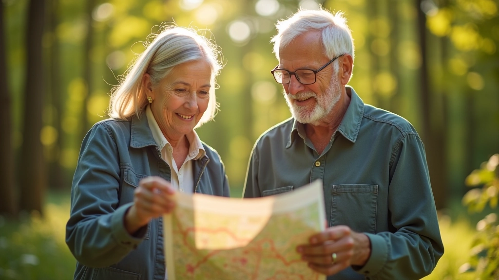 Senioros moteris ir vyras apžiūri žemėlapį gamtoje