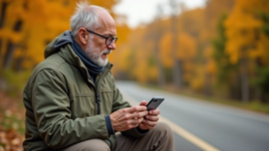 Žygietis naudoja mobilų telefoną su žemėlapio programa, sėdi prie žvyro kelio