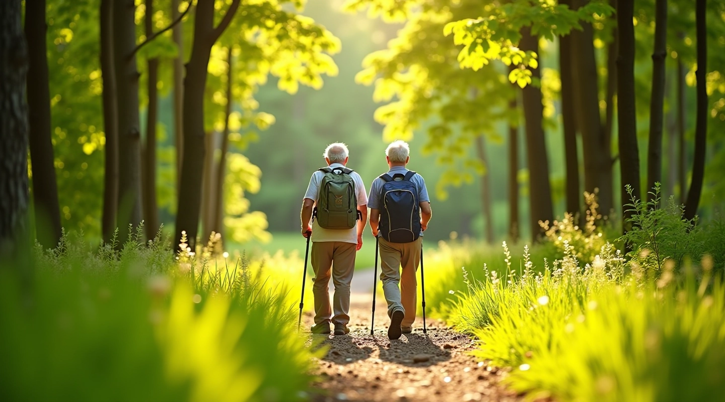 Senyva pora žygiauja per žalią miško taką su lazdų, saulėta diena